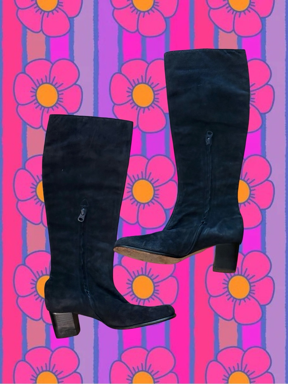 Vintage Navy Blue Suede Knee-High Heeled Gogo Boots